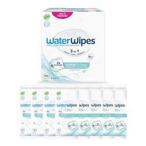 WaterWipes Sensitive+ On The Go Wipes 99,9% d'eau, non parfumées - 224 unités (8 paquets) - Nettoie, Soigne, Protège | L