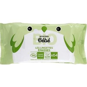 Monoprix bébé Lingettes épaisses ultra douces bio pour bébés - Usage quotidien - Paquet de 64