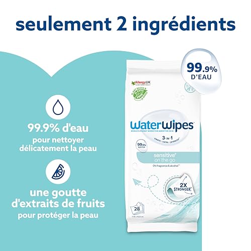 41x4llhap8l.jpg WaterWipes Sensitive+ On The Go Wipes 99,9% d'eau, non parfumées - 224 unités (8 paquets) - Nettoie, Soigne, Protège | L