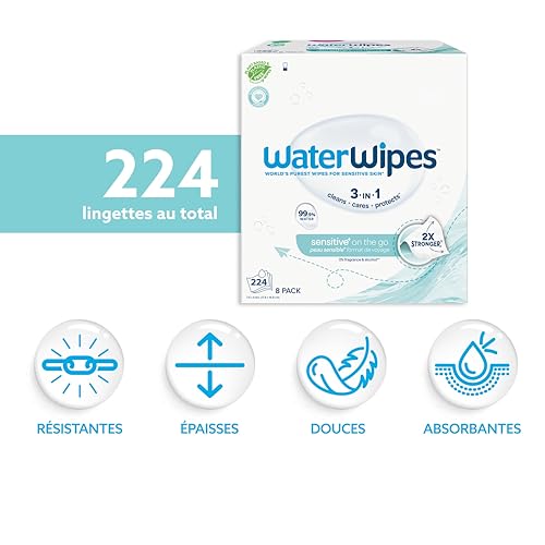 41xyca795jl.jpg WaterWipes Sensitive+ On The Go Wipes 99,9% d'eau, non parfumées - 224 unités (8 paquets) - Nettoie, Soigne, Protège | L