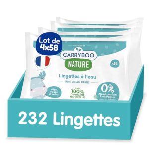 CARRYBOO Lingettes bébé eau Sans parfum et allergènes - Peaux normales & Fragiles - Nettoient & Apaisent - Fibres Nature