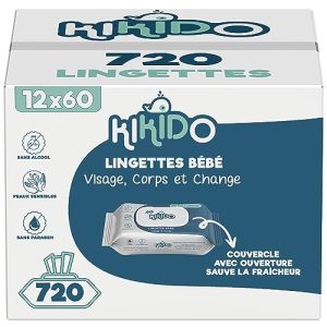 Lingettes Bébé Kikido Couvercle Sauve-Fraîcheur Sans Alcool Phénoxyéthanol et Parabens Peaux Sensibles Lot de 12x60_nett