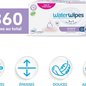 lingettes waterwipes sensitive+ soothing, lot de 720 (12 paquets), nettoyantes 3 en 1 : nettoient, protègent et apaisent, 99 % eau avec extraits botaniques, sans parfum