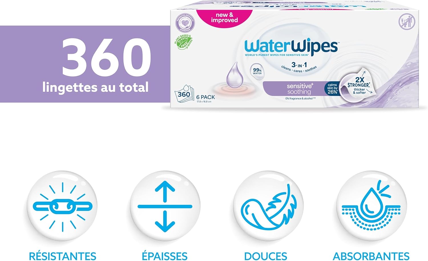 lingettes waterwipes sensitive+ soothing, lot de 720 (12 paquets), nettoyantes 3 en 1 : nettoient, protègent et apaisent, 99 % eau avec extraits botaniques, sans parfum lingettes waterwipes sensitive+ soothing, lot de 720 (12 paquets), nettoyantes 3 en 1 : nettoient, protègent et apaisent, 99 % eau avec extraits botaniques, sans parfum