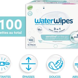 waterwipes sensitive+ on the go – lingettes humides sans parfum, 100 lingettes (10 paquets) – nettoyantes 3 en 1 : nettoient, protègent et apaisent – 99,9 % d’eau purifiée