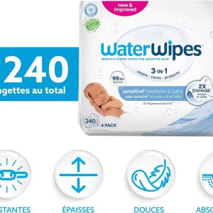 lingettes bébé waterwipes sensitive+ 240 unités | 99,9 % d’eau pure | sans parfum | nettoient, protègent et hydratent