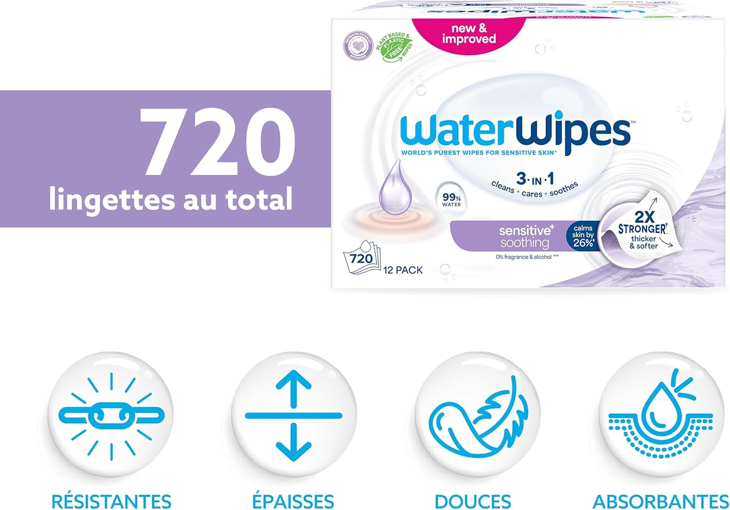 lingettes waterwipes sensitive+ soothing clean – 360 unités (6 paquets) | 3 en 1 : nettoient, apaisent et protègent | 99 % d’eau pure et extraits botaniques | sans parfum lingettes waterwipes sensitive+ soothing clean – 360 unités (6 paquets) | 3 en 1 : nettoient, apaisent et protègent | 99 % d’eau pure et extraits botaniques | sans parfum