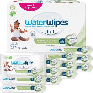 lingettes waterwipes sensitive+ bébé & tout petit – 720 unités (12 paquets) | 3 en 1 : nettoient, protègent et hydratent | 99,9 % d’eau pure | texture nettoyante douce | sans parfum