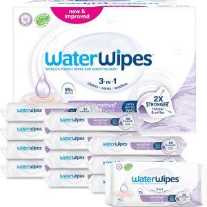 lingettes waterwipes sensitive+ soothing clean – 360 unités (6 paquets) | 3 en 1 : nettoient, apaisent et protègent | 99 % d’eau pure et extraits botaniques | sans parfum