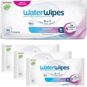 waterwipes sensitive+ – lingettes corps et intimes pour adultes, 90 lingettes (3 paquets) – 3 en 1 : nettoient, protègent et apaisent – 99,9 % d’eau purifiée – sans parfum